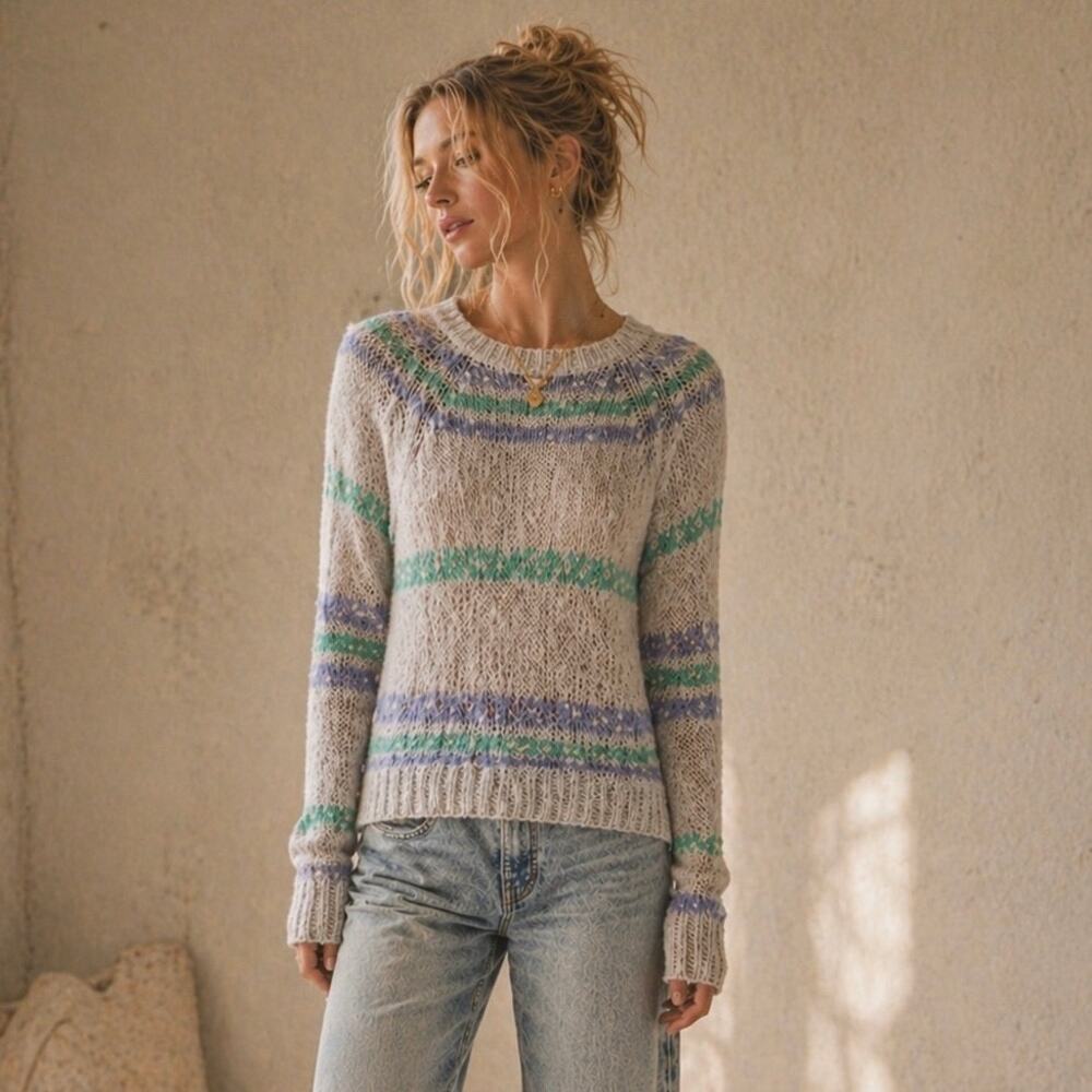 BP Brass Plum Women’s Striped Open Knit Crew Neck Pullover Sweater Top Size XS - Picture 2 of 7
